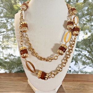 Vintage Park Lane Gold Chain Necklace Amber Beads Oval Link Detail